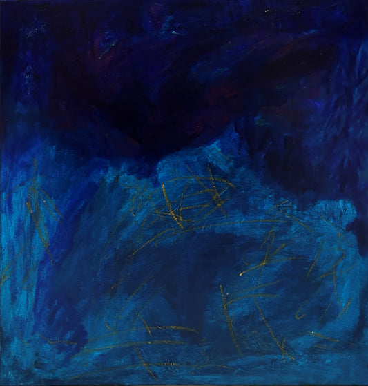 Abstract painting with dark blue and black tones