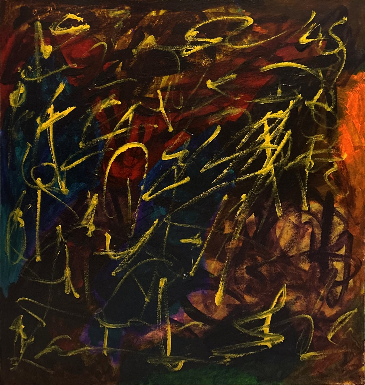 Abstract artwork with dynamic brush strokes in various colors