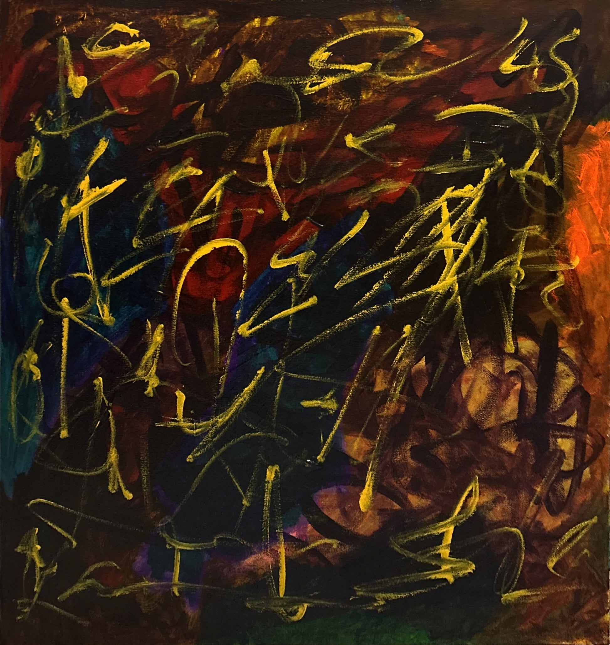 Abstract artwork with dynamic brush strokes in various colors