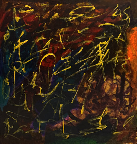 Abstract artwork with dynamic brush strokes in various colors