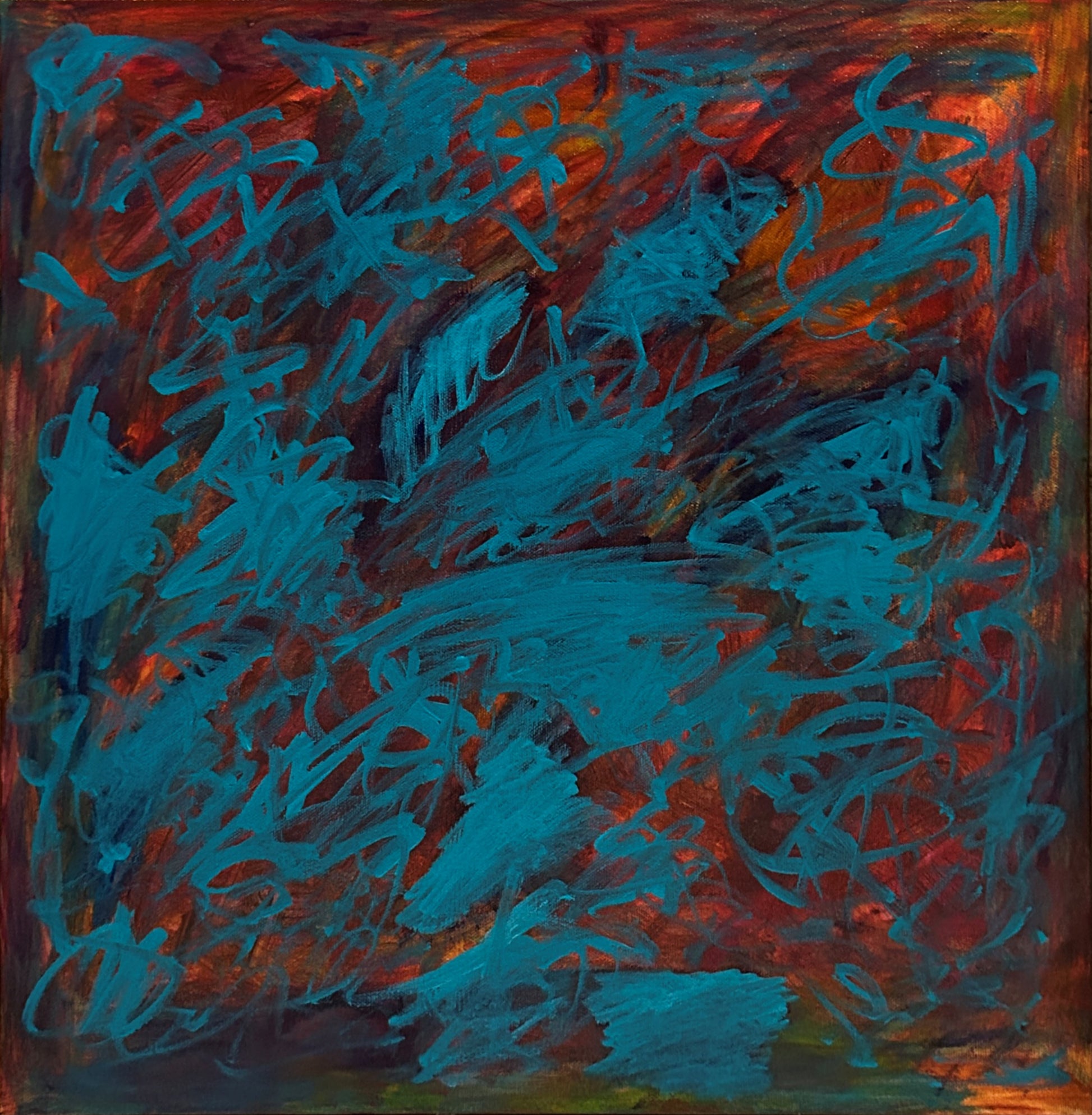 Abstract painting with blue and red brush strokes