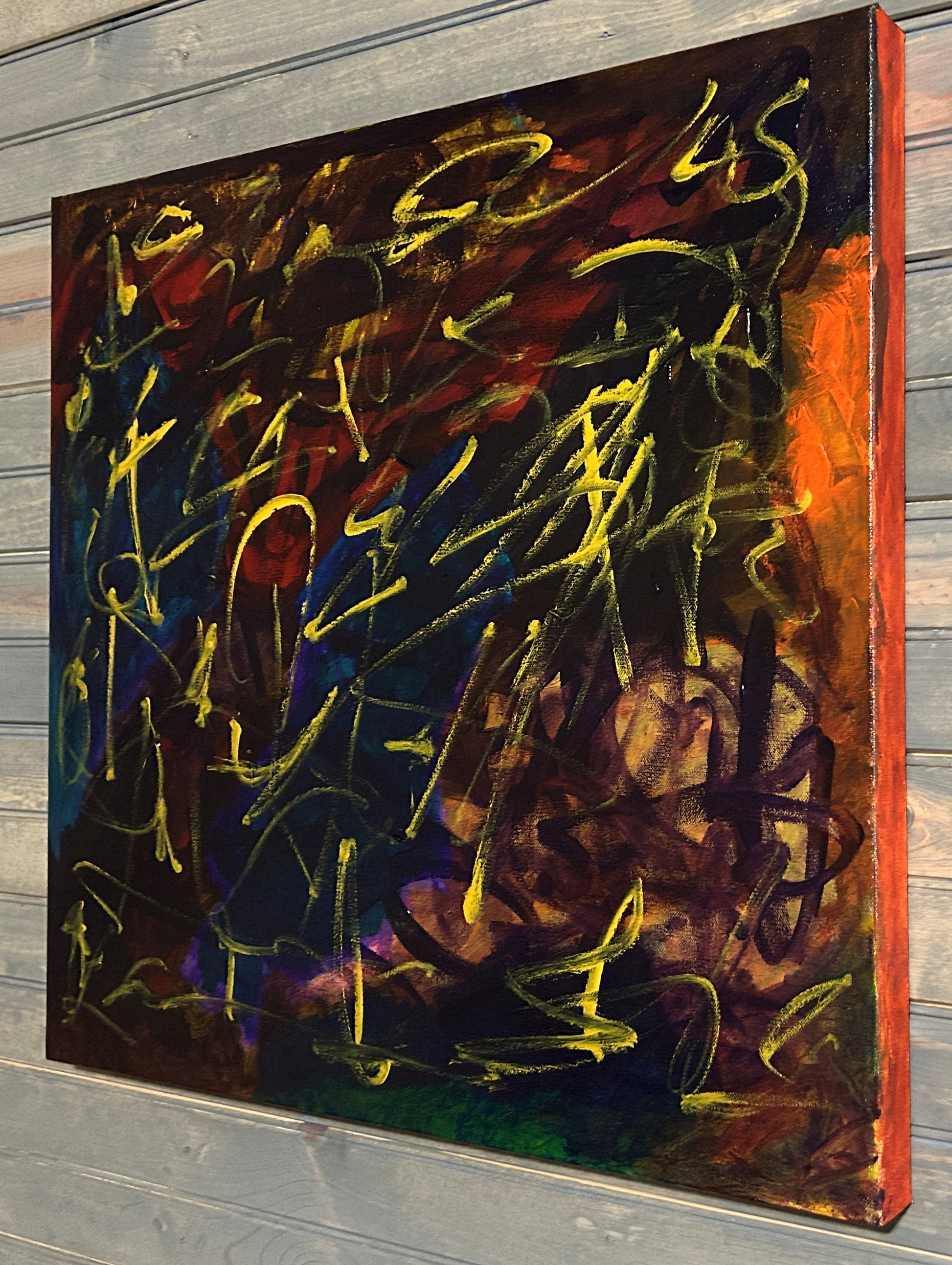 Abstract painting with bold strokes on a wooden panel
